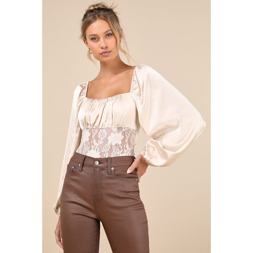 Lulus Endless Aura Cream Satin Balloon Sleeve Sheer Lace Bodysuit White